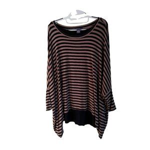 CHELSEA THEODORE Tan/Black Striped KNIT Shark-Bite Hem Loose TOP layered Medium